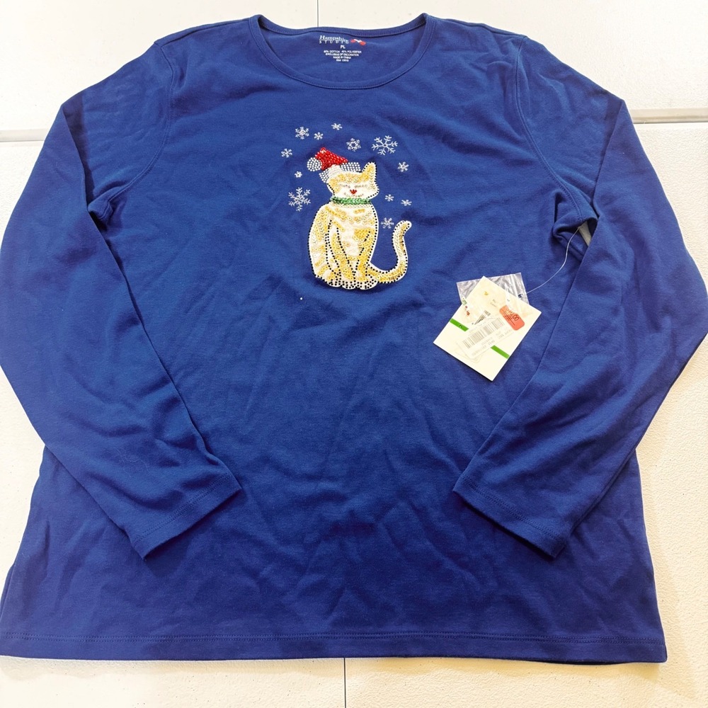 Hampshire Studio Petite Blue Long Sleeve Cat Sequins Holiday T-Shirt PL
